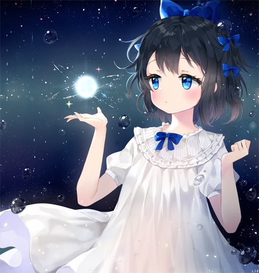 1girl bangs black_hair blue_bow blue_eyes blush bow closed_mouth commentary_request dress expressionless hair_bow hands_up lib looking_to_the_side original outstretched_hand puffy_short_sleeves puffy_sleeves short_hair short_sleeves solo sphere water_drop white_dress