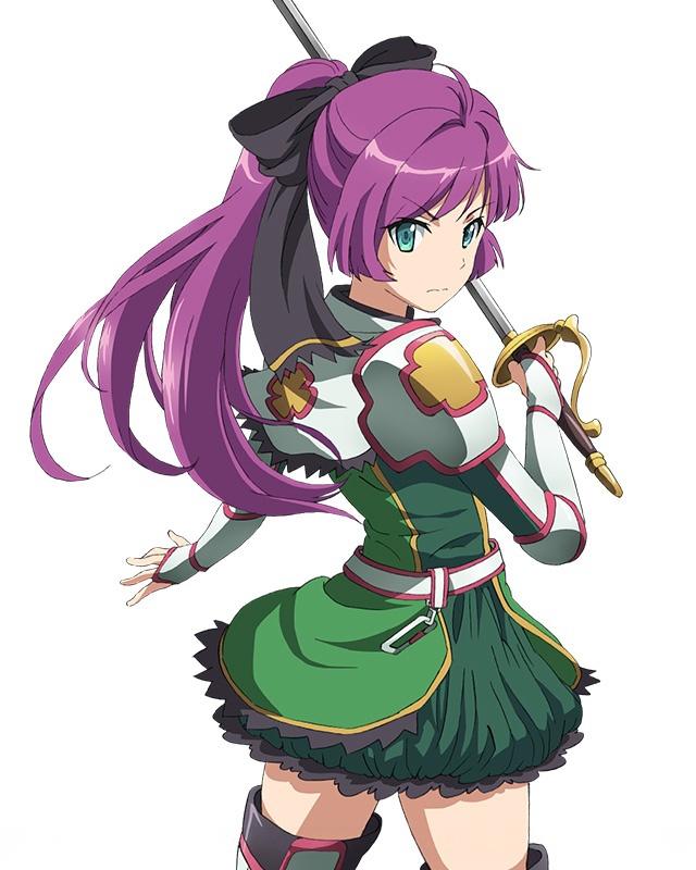 1girl black_bow bow character_request cowboy_shot dress eyebrows_visible_through_hair floating_hair from_behind green_dress green_eyes hair_bow holding holding_sword holding_weapon long_hair looking_back ponytail purple_hair rapier short_dress simple_background solo spaulders standing sword sword_art_online weapon white_background