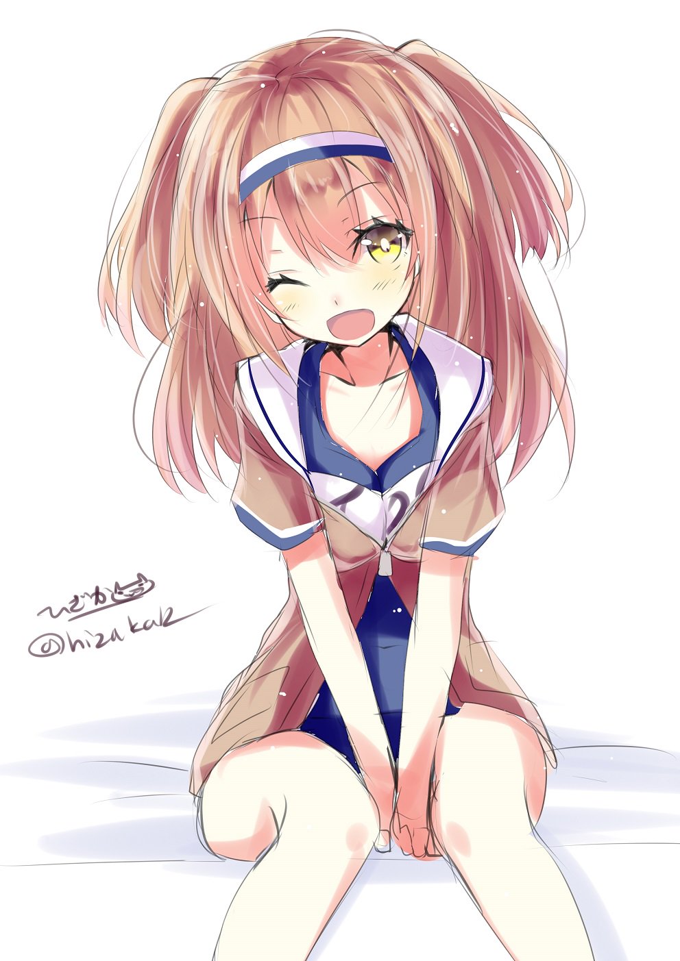 1girl ;d breasts hairband highres hizaka i-26_(kantai_collection) kantai_collection light_brown_eyes light_brown_hair long_hair looking_at_viewer name_tag new_school_swimsuit one-piece_swimsuit one_eye_closed open_clothes open_mouth sailor_collar school_swimsuit short_sleeves simple_background sitting small_breasts smile solo swimsuit swimsuit_under_clothes twitter_username two-tone_hairband two_side_up winking