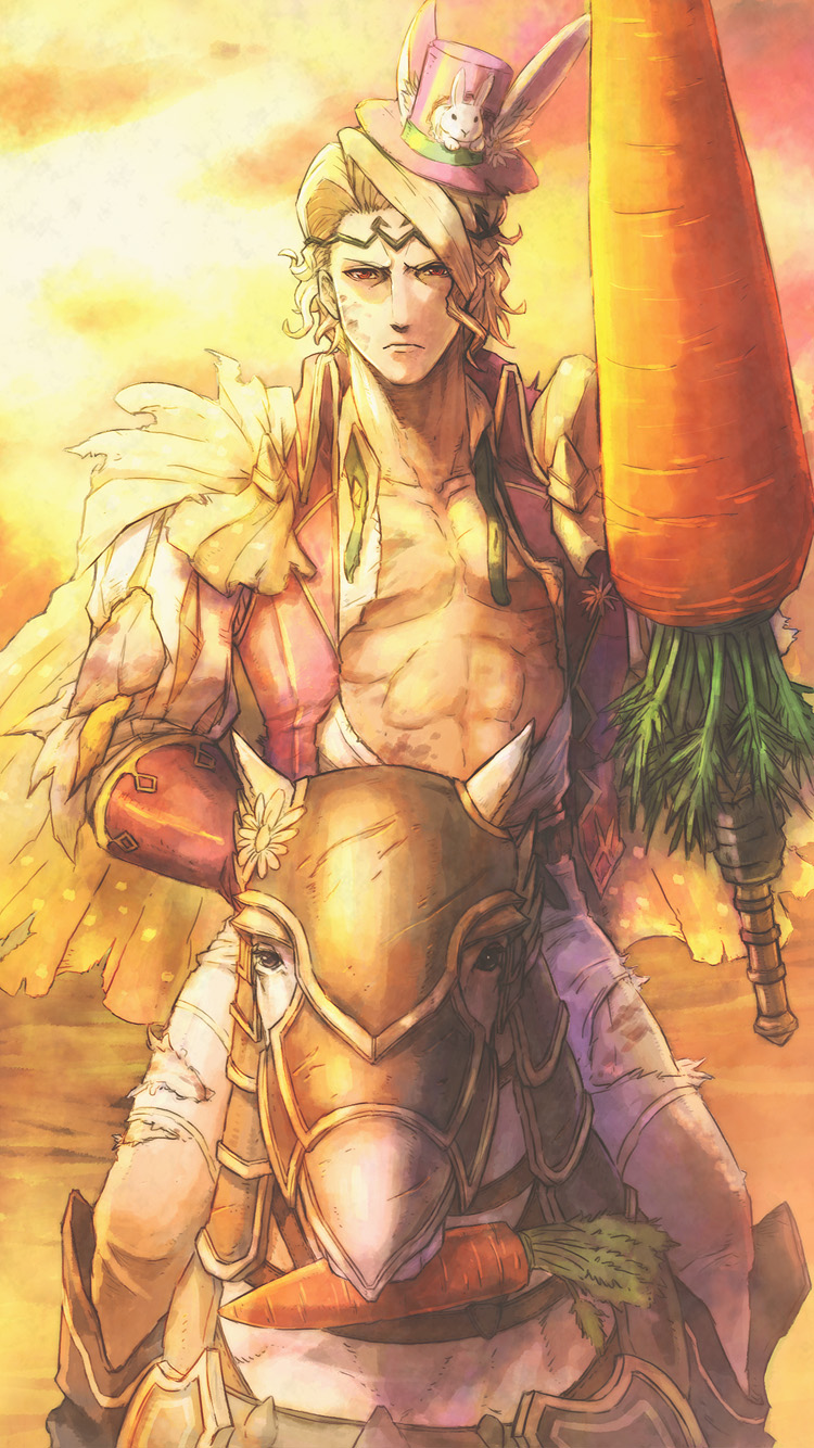 1boy abs alternate_costume animal_ears blonde_hair boots capelet carrot fire_emblem fire_emblem_heroes fire_emblem_if flower hat highres horse injury male_focus marks_(fire_emblem_if) rabbit_ears red_eyes shirtless sky solo sukua55 tiara torn_clothes weapon