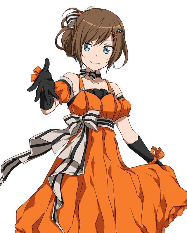 1girl black_gloves blue_eyes bow brown_hair character_request choker collarbone cowboy_shot dress earrings elbow_gloves gloves hair_bow hair_ornament jewelry looking_at_viewer orange_dress orange_ribbon ribbon ribbon_choker short_hair simple_background skirt_hold sleeveless sleeveless_dress smile solo standing striped striped_bow striped_ribbon sword_art_online white_background wrist_ribbon