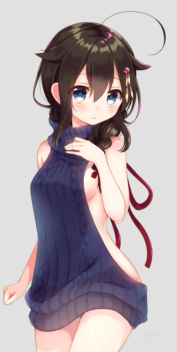 1girl ahoge alternate_costume backless_outfit bare_arms bare_shoulders black_hair blue_eyes braid breasts clenched_hand cowboy_shot dress emilion hair_between_eyes hair_flaps hair_ornament hair_over_shoulder halterneck highres kantai_collection long_hair looking_at_viewer meme_attire naked_sweater no_bra open-back_dress remodel_(kantai_collection) shigure_(kantai_collection) sideboob simple_background single_braid solo sweater sweater_dress turtleneck virgin_killer_sweater