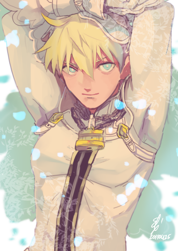 1boy arms_up blonde_hair bright_pupils chains cosplay fate/extra fate/prototype fate_(series) genderswap genderswap_(ftm) green_eyes lock looking_at_viewer male_focus saber_(fate/prototype) saber_bride saber_bride_(cosplay) saber_extra skin_tight upper_body