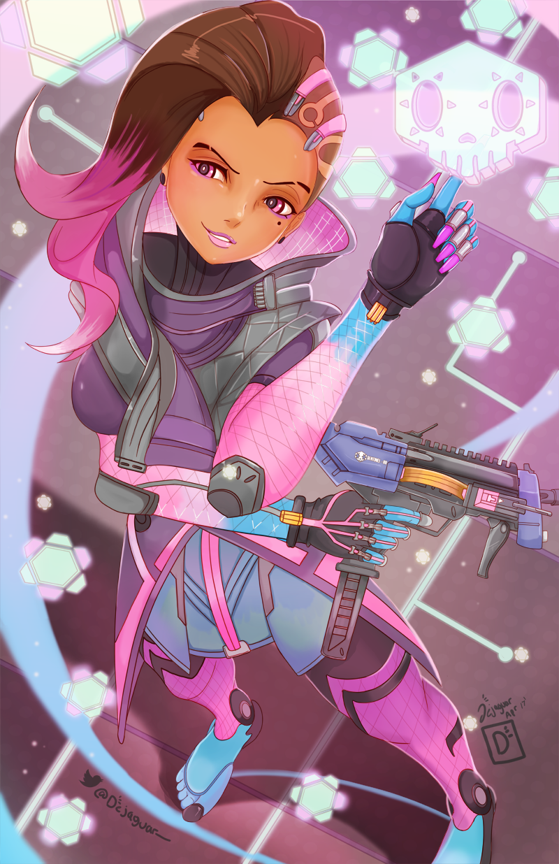 1girl beauty_mark brown_hair brown_skin gun multicolored_hair overwatch pink pink_hair purple shaved_head sidecut skull smile solo sombra_(overwatch) violet_eyes