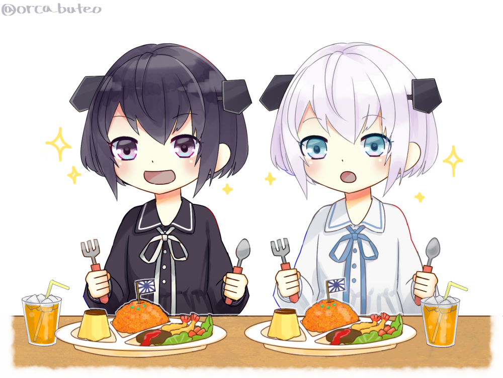 2girls abyssal_twin_hime_(black) abyssal_twin_hime_(white) black_dress black_eyes black_hair blue_eyes dress drink flag food fork glass headgear kantai_collection multiple_girls okosama_lunch pudding shinkaisei-kan short_hair spoon twitter_username white_dress white_hair yamashiki_(orca_buteo)