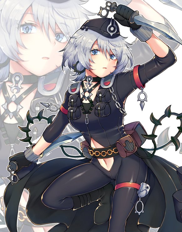 1girl belt black_bodysuit black_gloves black_hat blue_eyes bodysuit character_request eyebrows_visible_through_hair girls_on_metal gloves hat holding holding_knife holding_weapon iroyopon knife looking_at_viewer navel open_mouth short_hair silver_hair solo weapon