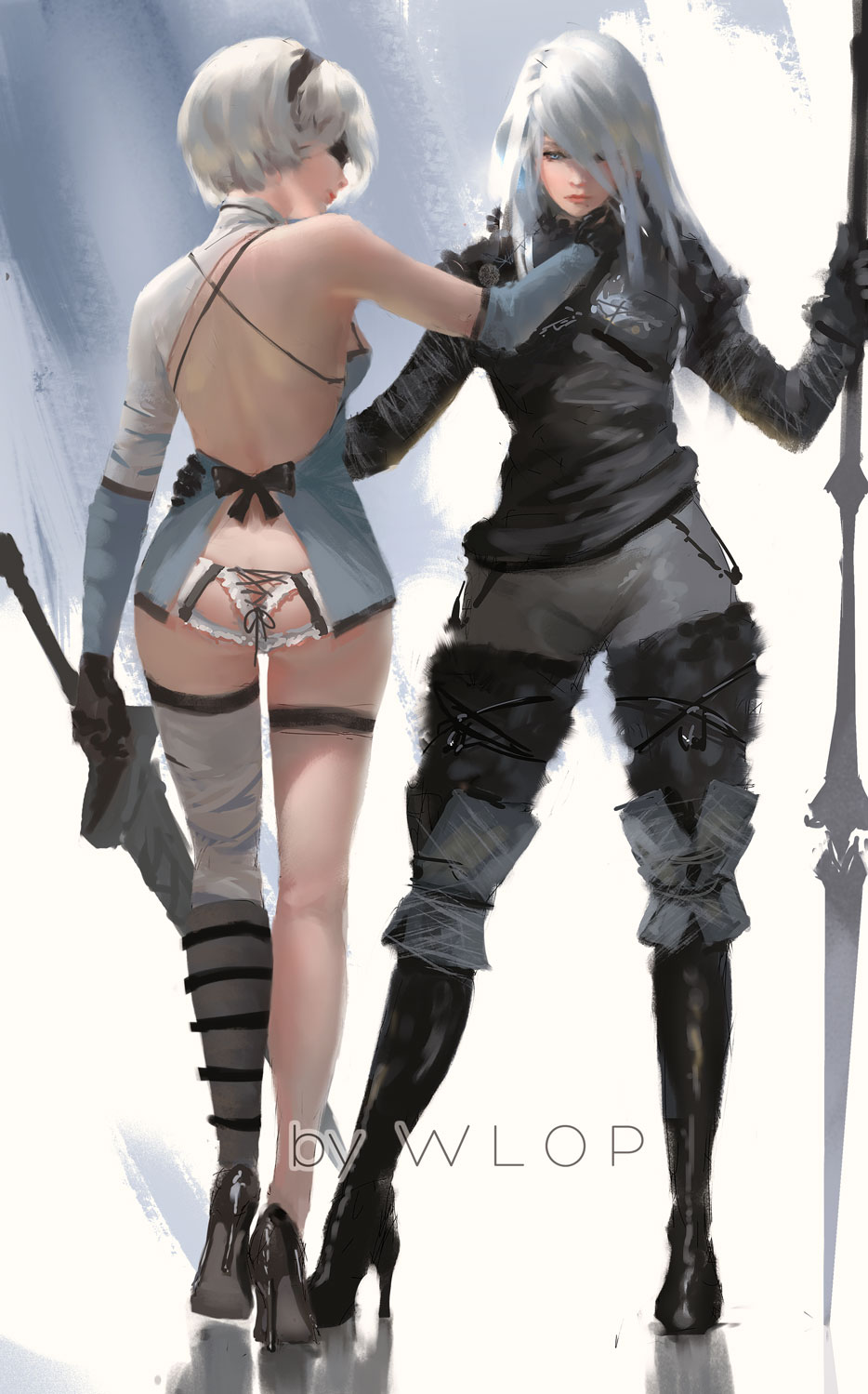 2girls alternate_costume arm_around_waist armor artist_name ass asymmetrical_clothes back bare_shoulders black_boots black_bow black_gloves black_hairband black_ribbon blindfold blue_eyes boots bow breastplate breasts closed_mouth commentary cosplay covered_eyes expressionless full_body gloves hair_over_one_eye hairband hand_on_another's_cheek hand_on_another's_face high_heel_boots high_heels highres kaine_(nier) kaine_(nier)_(cosplay) knee_boots lips long_hair medium_breasts multiple_girls nier nier_(series) nier_(young) nier_(young)_(cosplay) nier_automata panties polearm profile red_lips ribbon short_hair sideboob silver_hair single_thighhigh spear standing sword thigh-highs thigh_strap underwear weapon white_legwear white_panties wlop yorha_no._2_type_b yorha_type_a_no._2