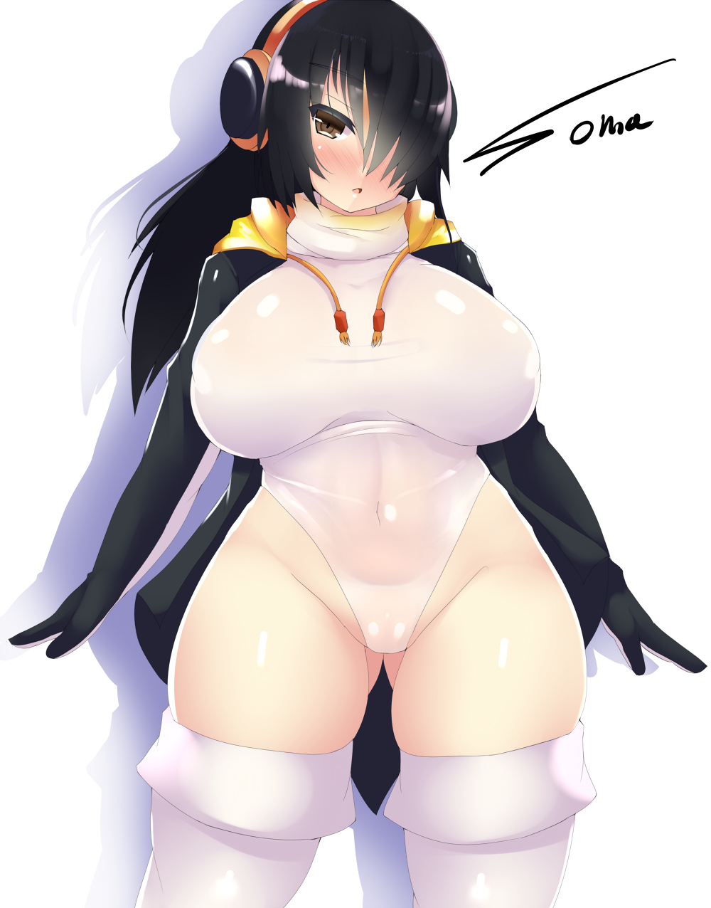 1girl black_hair blush breasts brown_eyes covered_navel curvy emperor_penguin_(kemono_friends) groin hair_over_one_eye headphones highres hips hood hooded_jacket jacket kemono_friends large_breasts leotard long_hair looking_at_viewer open_mouth puffy_nipples simple_background solo souma_(ordures) thick_thighs thigh-highs thighs white_background white_legwear white_leotard wide_hips