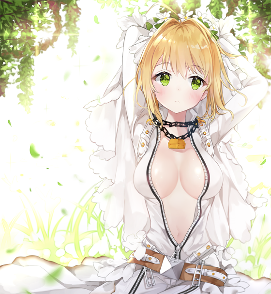 1girl ahoge arms_behind_back arms_up backlighting bangs beltskirt blonde_hair blush bodysuit breasts bridal_veil chains closed_mouth commentary_request eyebrows_visible_through_hair fate/extra fate/extra_ccc fate_(series) grass green_eyes hair_intakes leaf lib lock looking_to_the_side medium_breasts outdoors padlock saber_bride saber_extra sidelocks sitting solo tareme unzipped veil