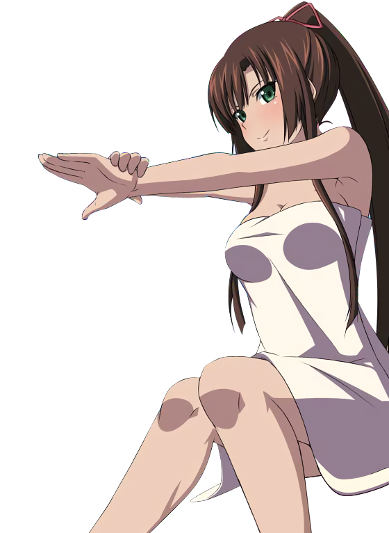 1girl armpits blush breasts brown_hair cleavage green_eyes hair_ribbon high_ponytail invisible_chair kirasaka_sayaka long_hair looking_at_viewer medium_breasts naked_towel pink_ribbon ribbon sitting smile solo strike_the_blood towel transparent_background very_long_hair white_towel