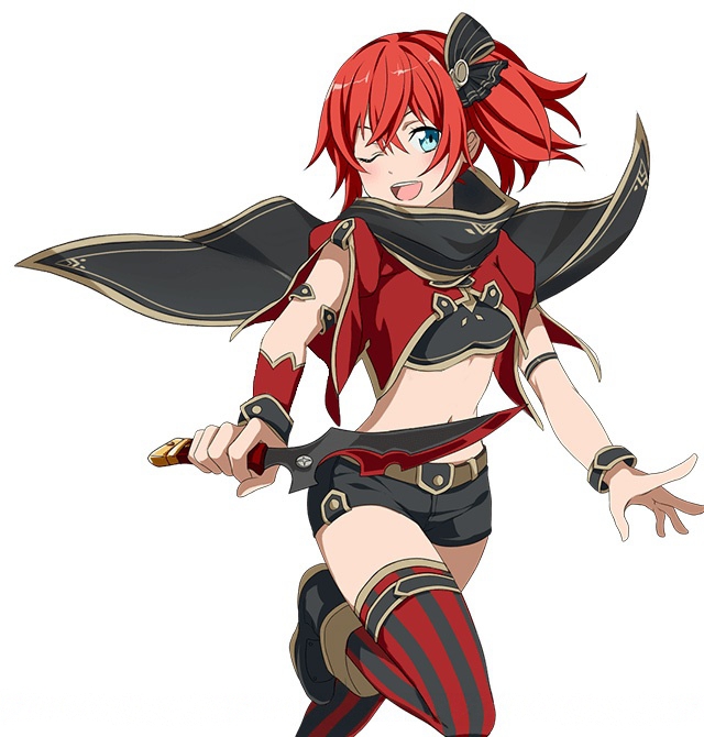 1girl ;d black_cape black_shorts blue_eyes cape character_request crop_top long_hair midriff navel one_eye_closed one_leg_raised open_mouth redhead short_shorts shorts side_ponytail simple_background smile solo stomach striped striped_legwear sword_art_online thigh-highs vertical-striped_legwear vertical_stripes white_background wrist_cuffs