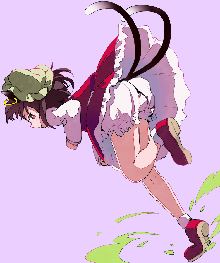1girl animal_ears bloomers blush brown_hair cat_ears cat_tail chen earrings fang_out frilled_skirt frills full_body green_hair jewelry lavender_background leg_up long_sleeves looking_at_viewer looking_back multiple_tails red_eyes red_shoes red_vest shirt shoes short_hair skirt solo stepping tail tamagogayu1998 touhou two_tails underwear vest white_legwear white_shirt