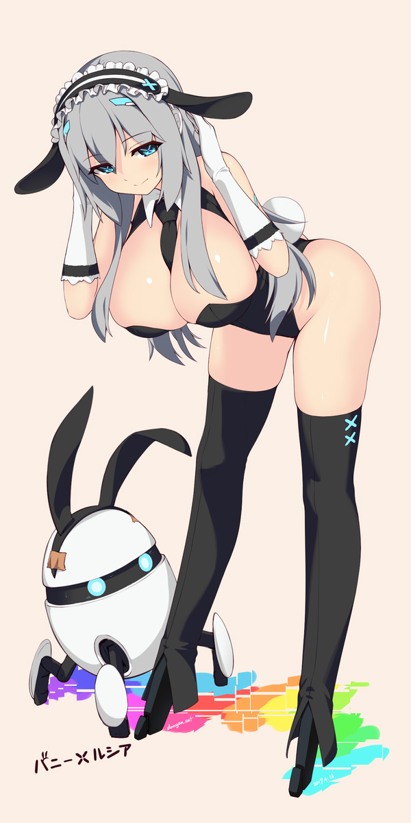 1girl animal_ears arched_back bangs between_breasts black_legwear black_leotard black_necktie blue_eyes breasts bunnysuit character_name closed_mouth dangan_neko detached_collar eyebrows_visible_through_hair fake_animal_ears gloves grey_background grey_hair hands_up highres large_breasts leaning_forward legs_apart leotard long_hair looking_at_viewer machine maid_headdress mechanical_legs necktie necktie_between_breasts original rabbit_ears russia_(dangan_neko) sidelocks simple_background smile solo symbol-shaped_pupils thigh-highs thighs white_gloves