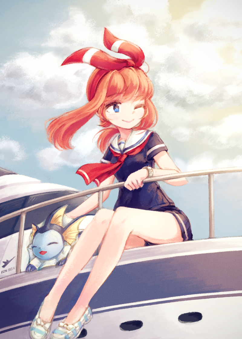 1girl :d ;&gt; ^_^ allen_(makaroll) bangle black_shirt black_skirt boat bracelet brown_hair closed_eyes hairband haruka_(pokemon) holding jewelry one_eye_closed open_mouth outdoors pleated_skirt pokemon pokemon_(creature) pokemon_(game) pokemon_oras railing revision sailor_collar shirt shoes short_hair_with_long_locks short_sleeves sitting skirt smile striped vaporeon watercraft wind