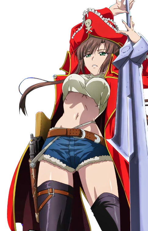 1girl arms_up belt black_legwear blue_shorts breasts brown_hair cape crop_top denim denim_shorts erect_nipples floating_hair green_eyes grey_shirt groin gun hat holding holding_sword holding_weapon holster kirasaka_sayaka long_hair medium_breasts midriff navel pirate_hat red_cape red_hat shirt short_shorts shorts solo standing strike_the_blood sword thigh-highs transparent_background under_boob weapon