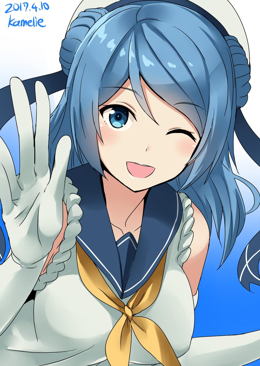 1girl ;d artist_name blue_background blue_eyes blue_hair dated double_bun elbow_gloves gloves gradient gradient_background hat highres kamelie kantai_collection long_hair neckerchief one_eye_closed open_mouth sailor_collar sailor_hat school_uniform serafuku signature sleeves_rolled_up smile solo urakaze_(kantai_collection) white_gloves white_hat yellow_neckerchief