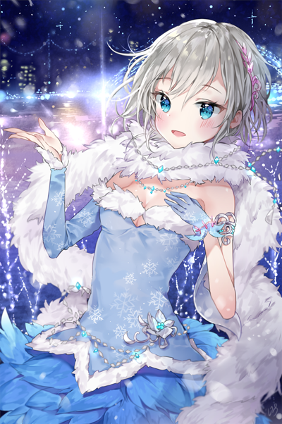 1girl anastasia_(idolmaster) arm_warmers bangs blue_eyes blue_gloves blue_skirt blush breasts eyebrows_visible_through_hair fur_trim gloves hand_on_own_chest hands_up idolmaster idolmaster_cinderella_girls lib open_mouth shawl short_hair silver_hair single_glove skirt small_breasts smile solo