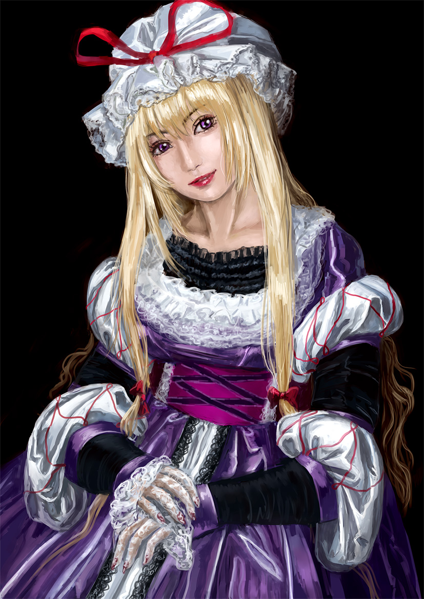 1girl alternate_costume amibazh black_background blonde_hair bow collarbone dress fingernails hair_bow hat hat_ribbon head_tilt lace_trim lipstick long_hair looking_at_viewer makeup mob_cap nail_polish neck purple_dress red_lipstick red_nails ribbon shiny shiny_hair simple_background smile solo texture touhou very_long_hair violet_eyes yakumo_yukari