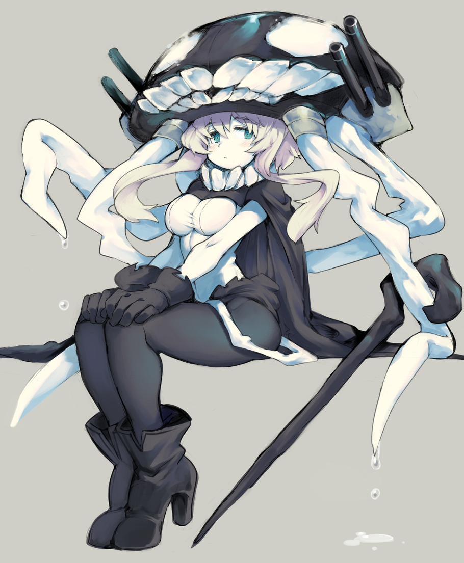 1girl black_gloves black_legwear boots breasts eyebrows_visible_through_hair gloves green_eyes high_heel_boots high_heels iroyopon kantai_collection large_breasts looking_at_viewer medium_hair pantyhose puddle sitting solo thigh-highs white_hair wo-class_aircraft_carrier