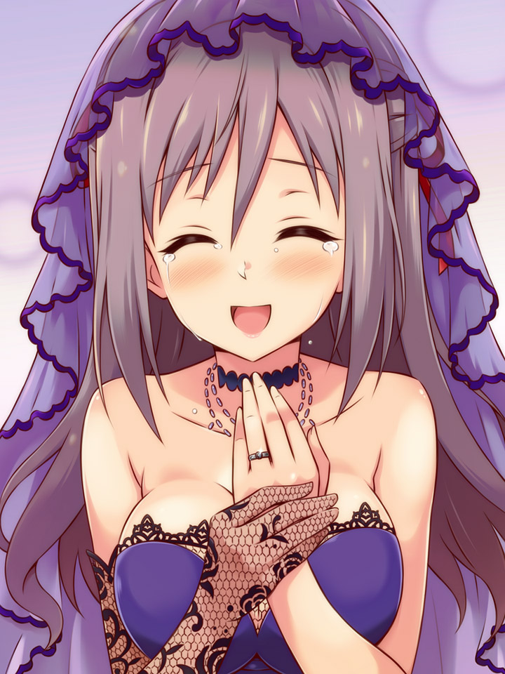 1girl :d ^_^ bare_shoulders blush breasts choker cleavage closed_eyes elbow_gloves engagement_ring fishnet_gloves fishnets gloves grey_hair hair_down idolmaster idolmaster_cinderella_girls jewelry kanzaki_ranko large_breasts long_hair necklace open_mouth single_elbow_glove smile solo tears upper_body uraichishi veil