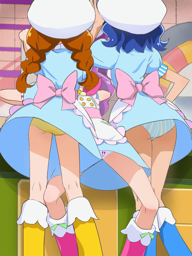 3girls arisugawa_himari ass blue_hair blue_panties blue_skirt braid brown_hair from_behind haruyama_kazunori hat kirakira_precure_a_la_mode long_hair multiple_girls panties precure print_panties short_hair skirt striped striped_panties tategami_aoi twin_braids underwear usami_ichika yellow_panties