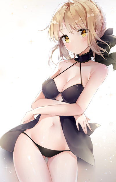 1girl babydoll bangs black_bow black_panties blonde_hair blush bow braid breasts cleavage closed_mouth collar commentary_request cowboy_shot crossed_arms eyebrows_visible_through_hair fate/stay_night fate_(series) french_braid gluteal_fold hair_bow lib lingerie looking_at_viewer medium_breasts panties saber saber_alter sidelocks solo thigh_gap thighs underwear yellow_eyes