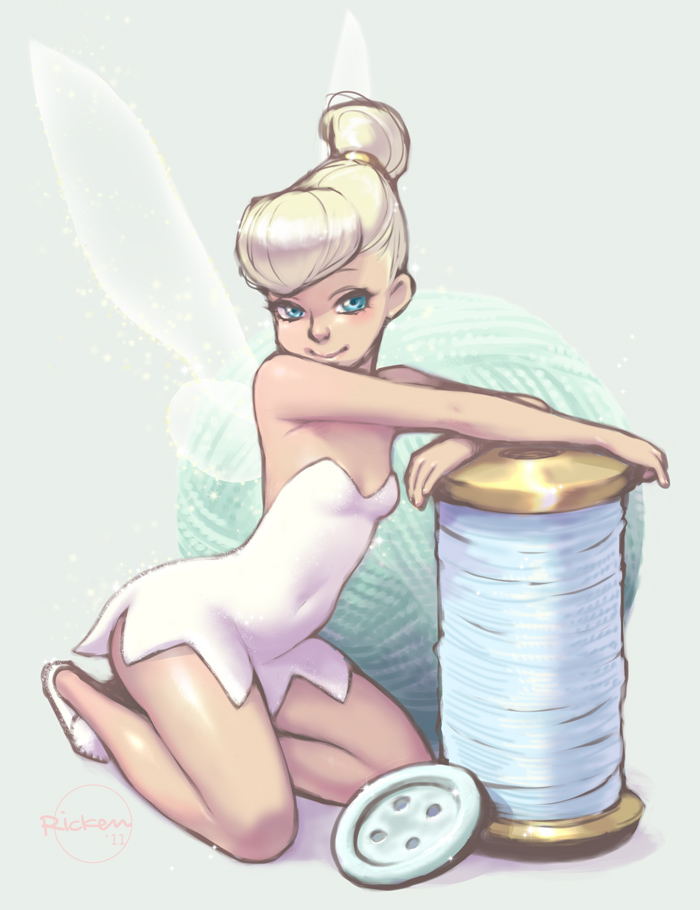 1girl bare_shoulders blonde_hair breasts buttons covered_navel disney dress fairy_wings hair_bun minigirl peter_pan_(disney) ricken seiza shiny shiny_skin short_dress signature sitting small_breasts smile solo spool strapless strapless_dress string tinker_bell_(disney) white_dress wings yarn_ball