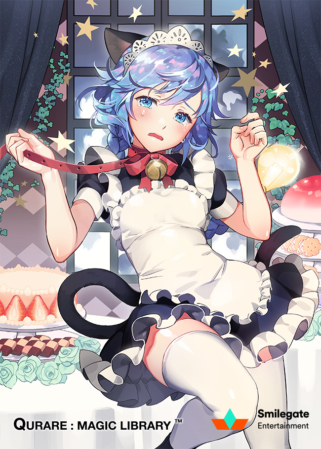 1girl animal_ears apron aqua_flower aqua_rose argyle arms_up bangs bell bell_collar belt_collar black_dress black_shoes blue_eyes blue_hair blush bow braid breasts cake_stand cat_ears cat_girl cat_tail checkerboard_cookie cherry_blossom_cookie_(food) clouds cloudy_sky collar company_name cookie copyright_name curtains d: dress flower food frilled_apron frilled_dress frills fruit furrowed_eyebrows gearous glint holding holding_leash indoors ivy jingle_bell leash leash_pull leg_up light_bulb lips long_hair looking_at_viewer maid_apron maid_headdress night night_sky official_art open_mouth puffy_short_sleeves puffy_sleeves qurare_magic_library red_bow red_collar rose round_table shiny shiny_hair shoes short_sleeves single_braid sky small_breasts solo standing standing_on_one_leg star strawberry strawberry_shortcake swept_bangs table tablecloth tail tearing_up tears text thigh-highs tiered_tray wavy_mouth white_apron white_legwear window