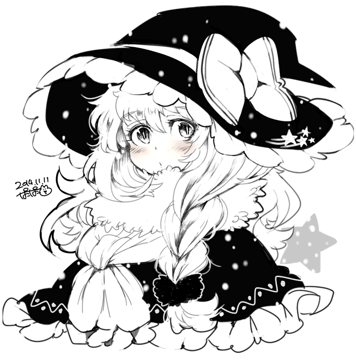 1girl :o blush bow braid dated eyebrows_visible_through_hair greyscale hair_bow hat iroyopon kirisame_marisa long_hair long_sleeves looking_at_viewer monochrome open_mouth signature solo touhou witch_hat