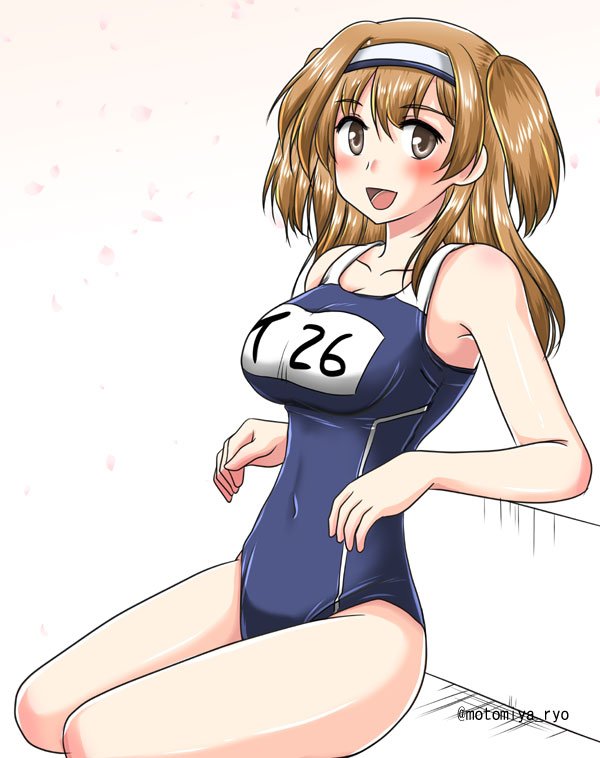1girl :d breasts collarbone covered_navel hairband i-26_(kantai_collection) kantai_collection large_breasts light_blush light_brown_eyes light_brown_hair long_hair looking_at_viewer motomiya_ryou name_tag new_school_swimsuit one-piece_swimsuit open_mouth school_swimsuit sitting smile solo swimsuit twitter_username two-tone_hairband two_side_up