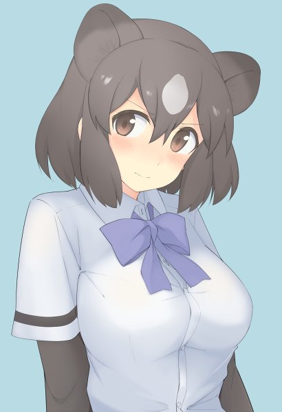 &gt;:&gt; 1girl :&gt; animal_ears bear_ears blue_background blue_ribbon blush breasts brown_bear_(kemono_friends) brown_eyes brown_hair buttons collar collared_shirt elbow_gloves eyebrows_visible_through_hair gloves grey_hair hair_between_eyes kemono_friends large_breasts looking_at_viewer mobu multicolored_hair neck_ribbon ribbon shirt short_hair simple_background solo tareme two-tone_hair upper_body white_shirt wing_collar