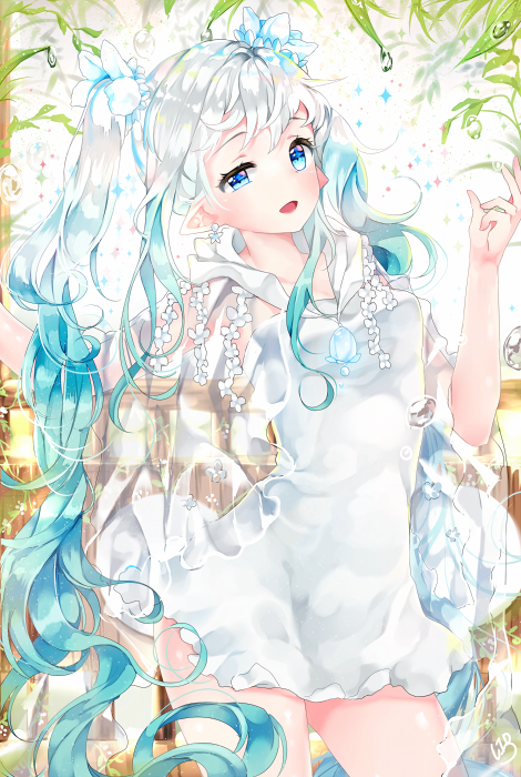 1girl aqua_hair blue_eyes dress hatsune_miku lib long_hair open_mouth pointy_ears revision solo twintails uneven_eyes very_long_hair vocaloid white_dress