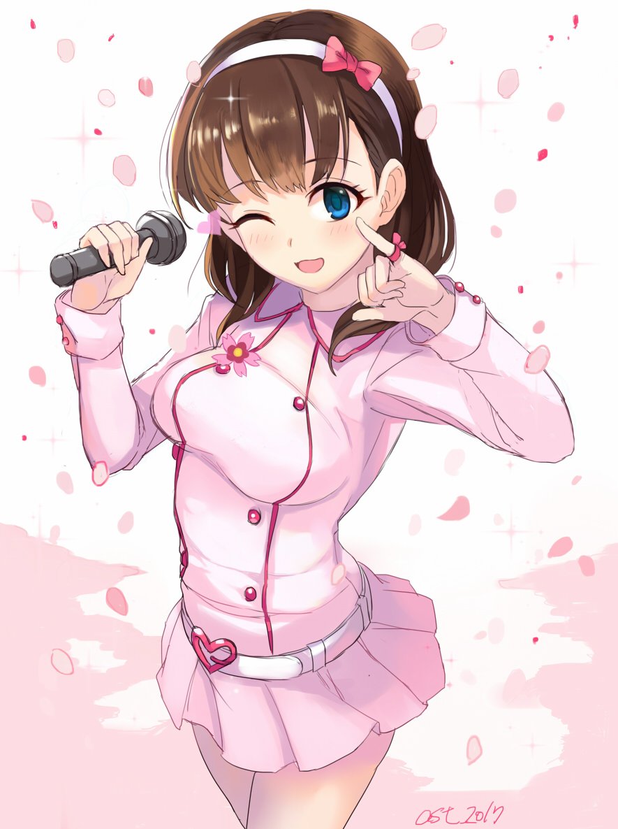 1girl artist_name ashita_(2010) bangs belt belt_buckle blue_eyes blush bow breasts brown_hair buckle buttons commentary_request finger_ribbon flower hairband heart idolmaster idolmaster_cinderella_girls long_sleeves looking_at_viewer medium_breasts microphone one_eye_closed open_mouth petals pink_shirt pink_skirt pinky_out sakuma_mayu shirt signature skirt smile solo sparkle white_background white_belt white_hairband