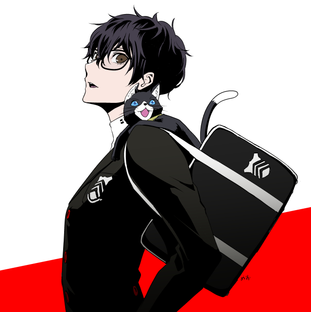 1boy bag black_hair blue_eyes brown_eyes cat eyelashes gelze glasses kurusu_akira looking_back male_focus morgana_(persona_5) persona persona_5 school_bag school_uniform short_hair simple_background