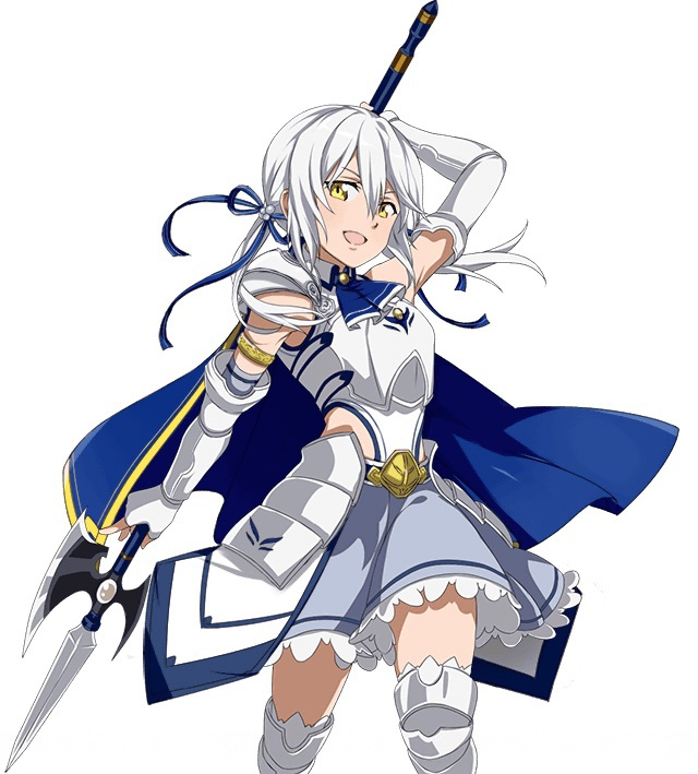 1girl arm_up armor armored_boots blue_ribbon boots breastplate character_request detached_sleeves floating_hair grey_skirt hair_between_eyes hair_ribbon holding holding_weapon long_hair polearm ribbon silver_hair simple_background skirt solo standing sword_art_online weapon white_background yellow_eyes