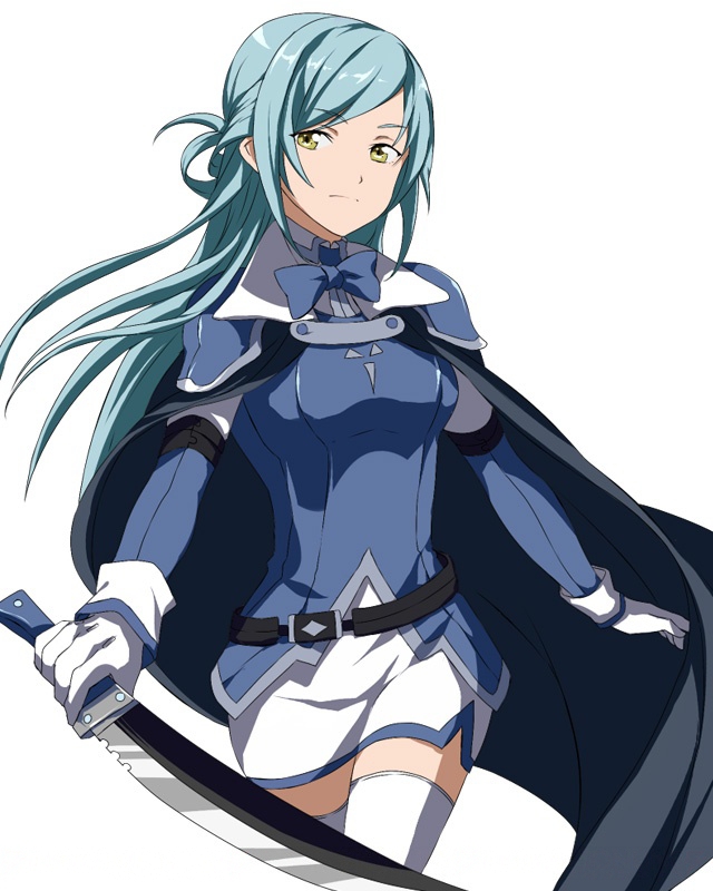1girl blue_bow blue_bowtie blue_cape blue_hair blue_shirt bow bowtie cape character_request cowboy_shot eyebrows_visible_through_hair holding holding_sword holding_weapon long_hair looking_at_viewer miniskirt pencil_skirt shirt simple_background skirt solo standing sword sword_art_online thigh-highs very_long_hair weapon white_background white_legwear white_skirt yellow_eyes zettai_ryouiki