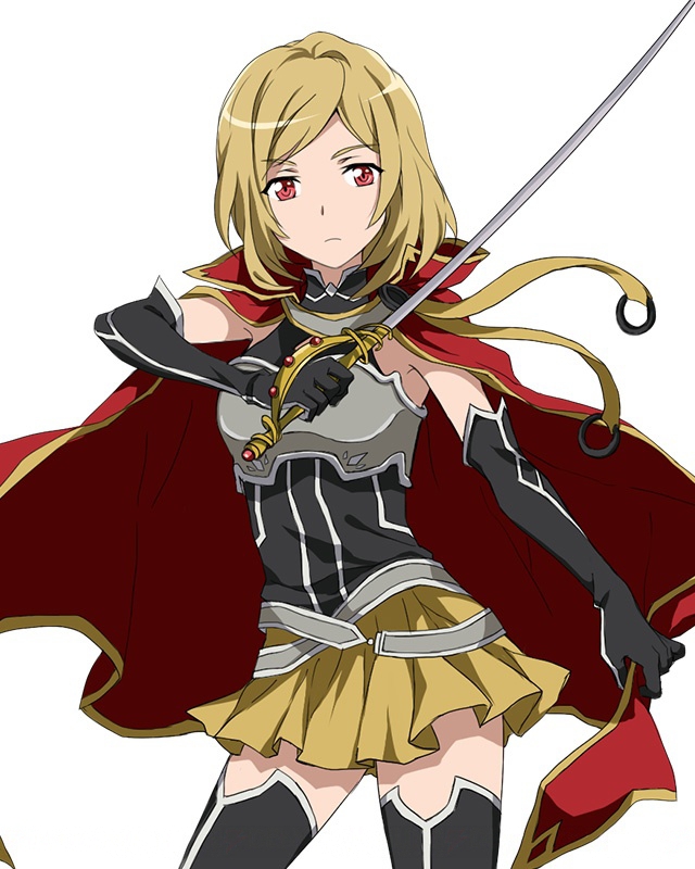 1girl black_gloves black_legwear breastplate brown_hair brown_skirt cape character_request cowboy_shot elbow_gloves eyebrows_visible_through_hair gloves holding holding_sword holding_weapon long_hair looking_at_viewer miniskirt pleated_skirt rapier red_cape red_eyes skirt solo standing sword sword_art_online thigh-highs weapon white_background
