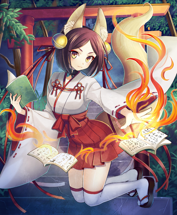 1girl animal_ears bangs bell bob_cut book brown_eyes brown_hair eyeliner fire fox_ears fox_tail full_body hair_bell hair_ornament hair_ribbon hakama holding holding_book japanese_clothes jumping light_smile long_sleeves looking_at_viewer makeup miko open_book original outdoors outstretched_hand parted_bangs ribbon runes sandals slit_pupils stairs sunsnny tail thigh-highs torii white_legwear wide_sleeves