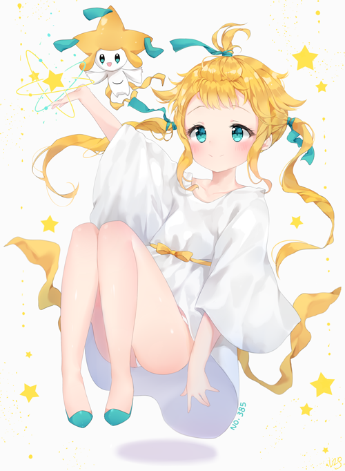 1girl aqua_eyes aqua_shoes bangs blonde_hair blush closed_mouth commentary_request dress flats full_body gown jirachi legs_together lib long_hair moemon original panties panty_peek personification pokemon pokemon_(creature) shoes signature smile solo star starry_background thighs topknot twintails underwear white_background white_panties