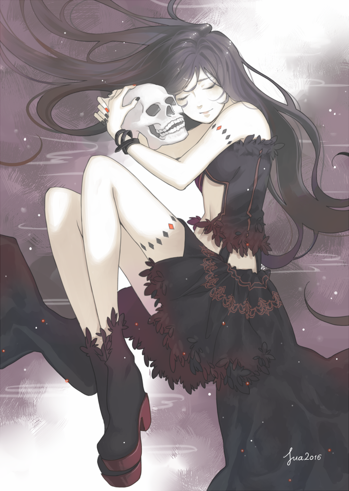 1girl 2016 bare_arms bare_shoulders black_hair boots bracelet breasts closed_eyes gothic_lolita jewelry light_smile lips lolita_fashion long_hair lying midriff nail_polish navel on_side original pale_skin patterned_clothing shiny shiny_hair signature simple_background skull sleeveless solo sua_lucid