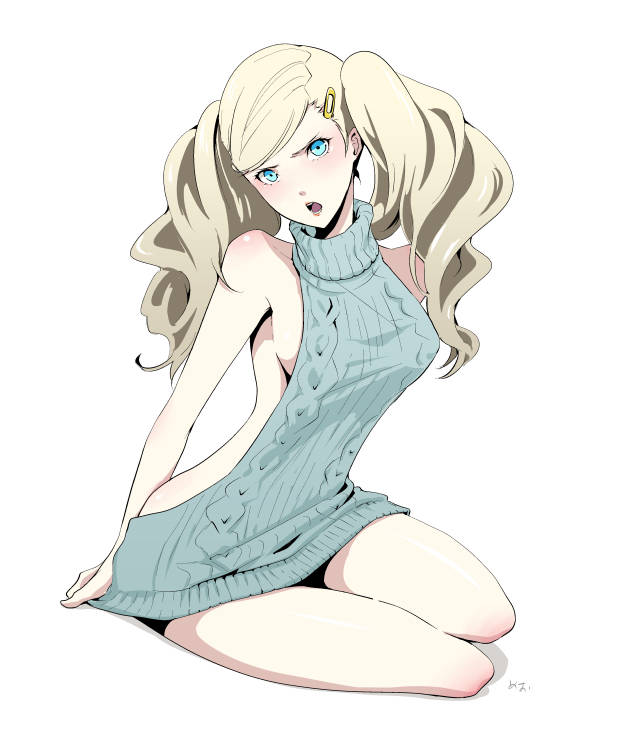 1girl bare_shoulders blonde_hair blue_eyes blush breasts eyelashes full_body gelze hair_ornament hairclip long_hair looking_at_viewer medium_breasts meme_attire open_mouth pale_skin persona persona_5 sideboob simple_background sitting solo takamaki_ann twintails virgin_killer_sweater white_background