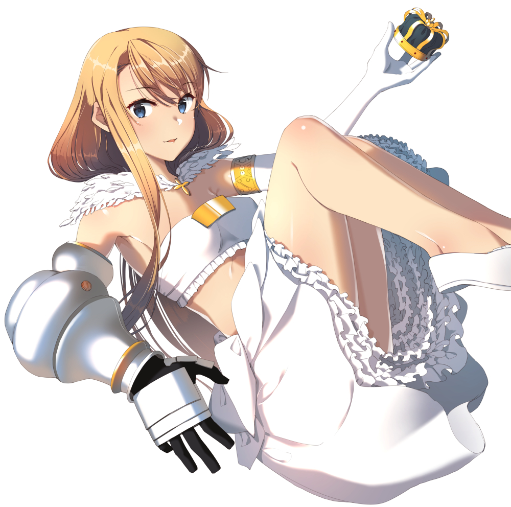 1girl :d alternate_costume arm_up armor bandeau bangs bare_legs blonde_hair blue_eyes blush breasts character_request collarbone commentary_request crown_removed detached_collar elbow_gloves eyebrows_visible_through_hair frilled_skirt frills gauntlets gloves headwear_removed holding kantai_collection legs_up long_hair looking_at_viewer medium_skirt no_legwear no_socks open_mouth petticoat shiny shiny_skin shoes simple_background single_elbow_glove skirt small_breasts smile solo strapless swept_bangs touyama_eight upskirt very_long_hair white_background white_gloves white_shoes white_skirt