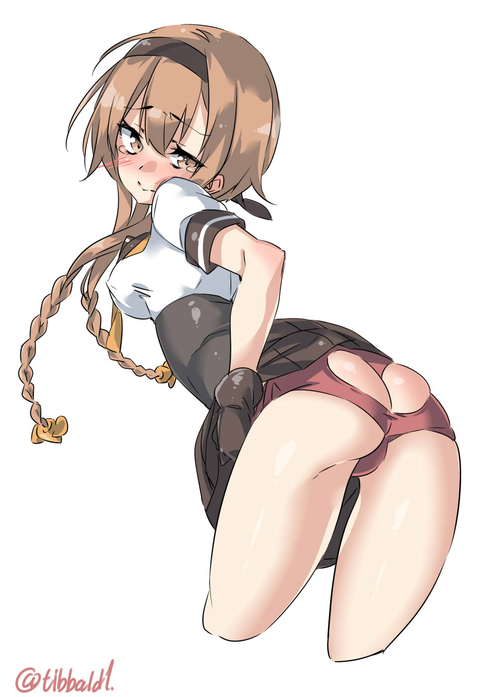 1girl ass bangs blush braid breasts brown_eyes brown_gloves brown_hair brown_skirt closed_mouth commentary_request cowboy_shot cropped_legs ebifurya eyebrows_visible_through_hair from_behind gloves hair_between_eyes hair_ornament hairband heart_cutout highres kantai_collection lifted_by_self long_hair looking_at_viewer looking_back medium_breasts neckerchief panties pleated_skirt propeller_hair_ornament red_panties school_uniform serafuku short_sleeves simple_background skirt skirt_lift solo tears teruzuki_(kantai_collection) twin_braids twitter_username underwear white_background