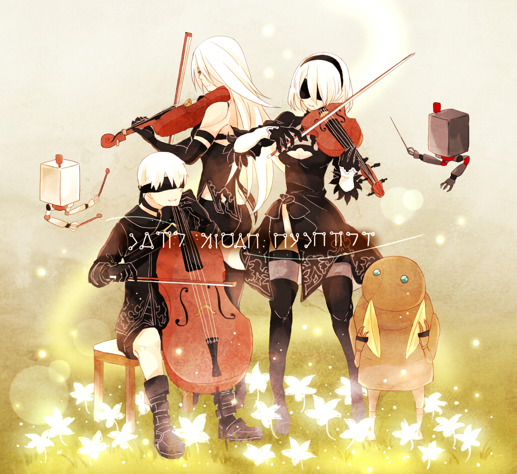 1boy 2girls axi125 black_dress blindfold boots breasts choker commentary dress flower gloves grass instrument juliet_sleeves long_hair long_sleeves machine multiple_girls music nier_(series) nier_automata outdoors pale_skin playing_instrument pod_(nier_automata) puffy_sleeves short_hair shorts sitting standing text thigh-highs thigh_boots translation_request white_hair yorha_no._2_type_b yorha_no._9_type_s yorha_type_a_no._2
