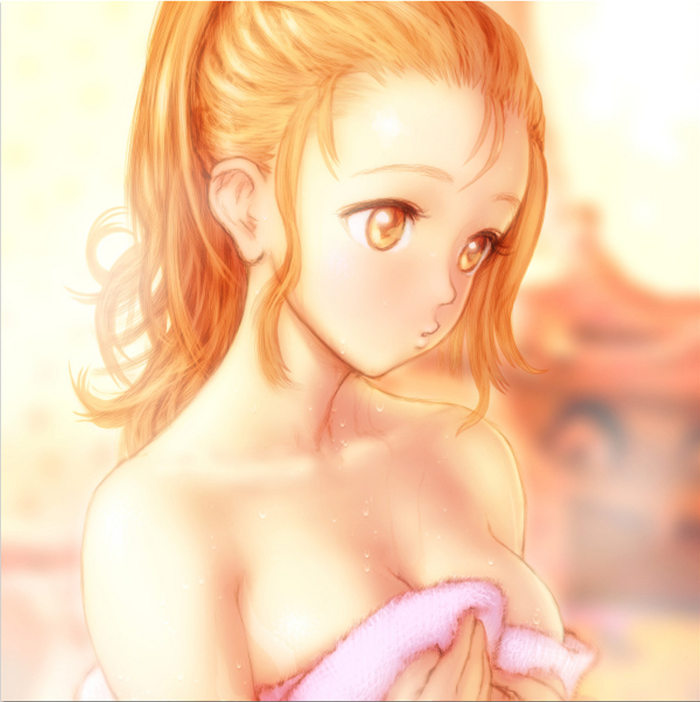 1girl breasts cleavage dead_or_alive ebina_souichi kasumi_(doa) long_hair matching_hair/eyes orange_eyes orange_hair ponytail solo sweat sweating tecmo towel wet