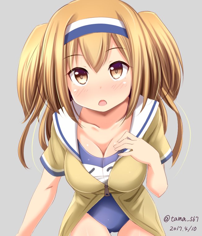 1girl :o blonde_hair blush breasts brown_eyes cleavage collarbone dated hairband i-26_(kantai_collection) kantai_collection leaning_forward light_brown_eyes light_brown_hair long_hair looking_at_viewer medium_breasts name_tag new_school_swimsuit open_clothes open_mouth sailor_collar solo swimsuit swimsuit_under_clothes twitter_username two-tone_hairband two_side_up yuzu_tama