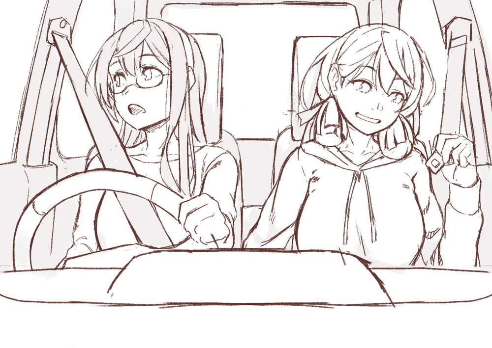 2girls akashi_(kantai_collection) alternate_costume black_hair car car_interior casual contemporary driving ground_vehicle hair_ribbon hairband hood hoodie kantai_collection long_hair long_sleeves monochrome motor_vehicle multiple_girls ooyodo_(kantai_collection) open_mouth ribbon safety_belt smile tress_ribbon vehicle wheel yuuji_(and)