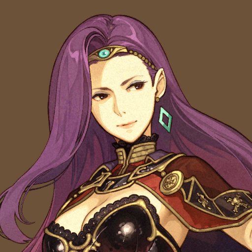 1girl breasts brown_background brown_eyes capelet cleavage earrings fire_emblem fire_emblem_echoes:_mou_hitori_no_eiyuuou hidari_(left_side) jewelry large_breasts lips long_hair official_art portrait purple_hair simple_background solo sonia_(fire_emblem_gaiden) tiara