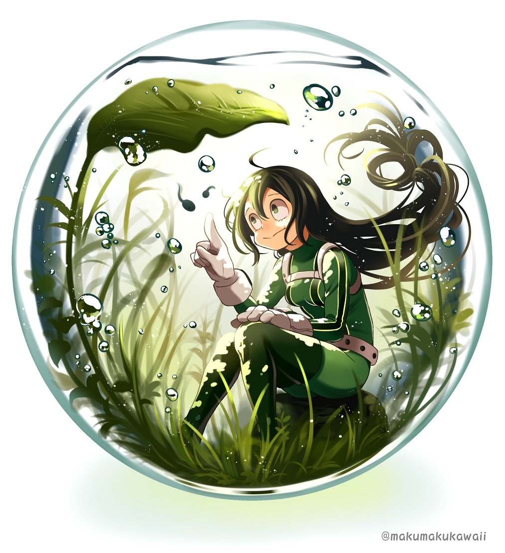 1girl :&gt; asui_tsuyu black_hair bodysuit boku_no_hero_academia boulder bubble frog_girl full_body gloves grass green_eyes leaf long_hair sitting smile solo tadpole twitter_username underwater water white_gloves