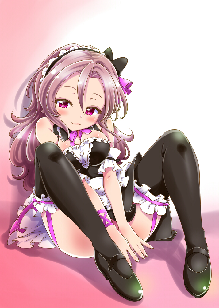 1girl :3 bare_shoulders battle_girl_high_school black_legwear blush breasts brown_hair covering covering_crotch full_body kanoe long_hair looking_at_viewer maid maid_headdress medium_breasts mole mole_under_eye naughty_face red_eyes serizawa_renge simple_background sitting smile solo thigh-highs violet_eyes